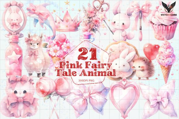Enchanting Pink Fairy Tale Animal Illustration Set for Creatives
