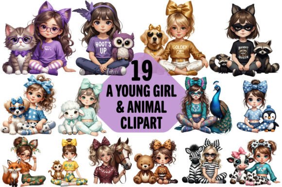 Whimsical Design Assets: The Girl and Animal Friends Clipart Set
